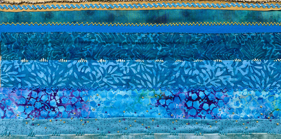 A layered textile collage depicts the green Gosport ferry crossing to Gunwharf and the Spinnaker Tower on the horizon above a stitched blue sea beneath a hazy tan sky, with turquoise waves and decorative fabric bands creating a vibrant summer atmosphere.