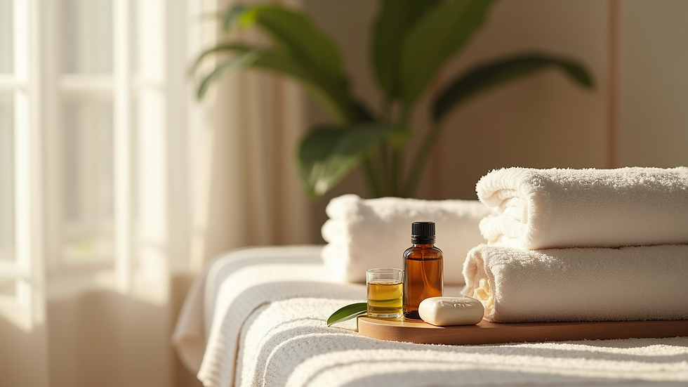 High angle view of a peaceful spa corner with soft towels and aromatic oils