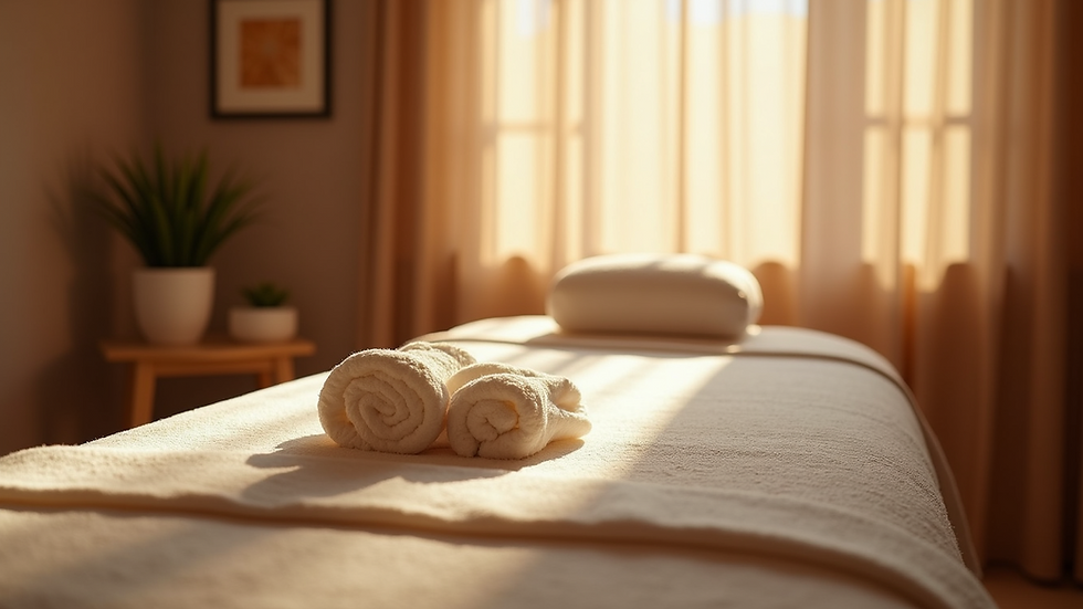 Eye-level view of a massage room with soft lighting and a comfortable massage table