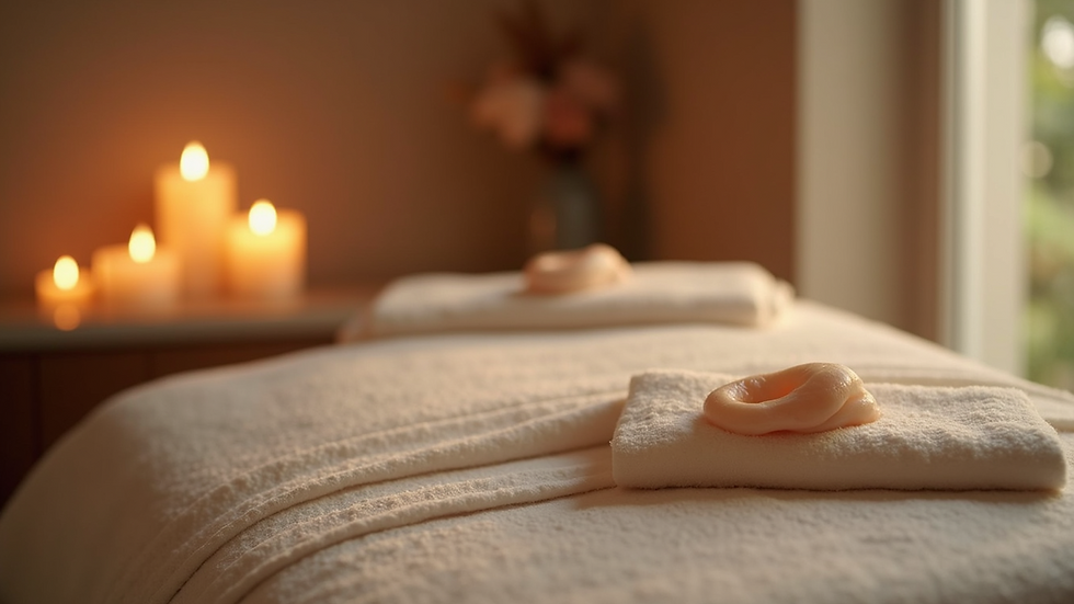 Close-up view of a massage table with soft linens and calming candles