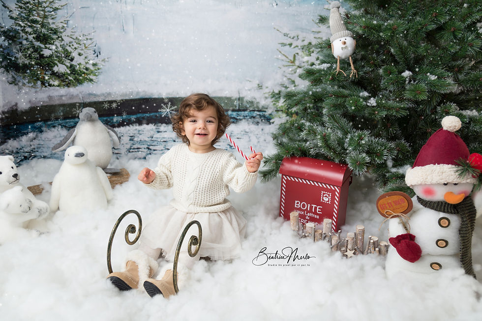 noel bebe fille luge neige sapin animaux