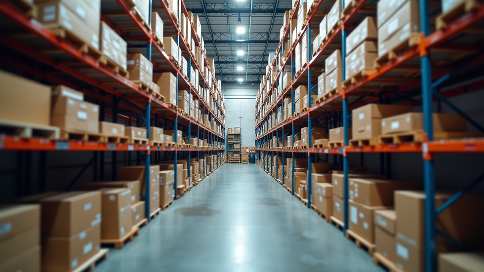 Eye-level view of a modern warehouse with organized shelves