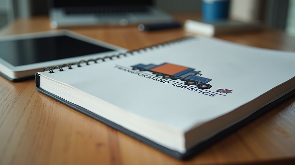 Eye-level view of a transportation logistics book on a wooden desk