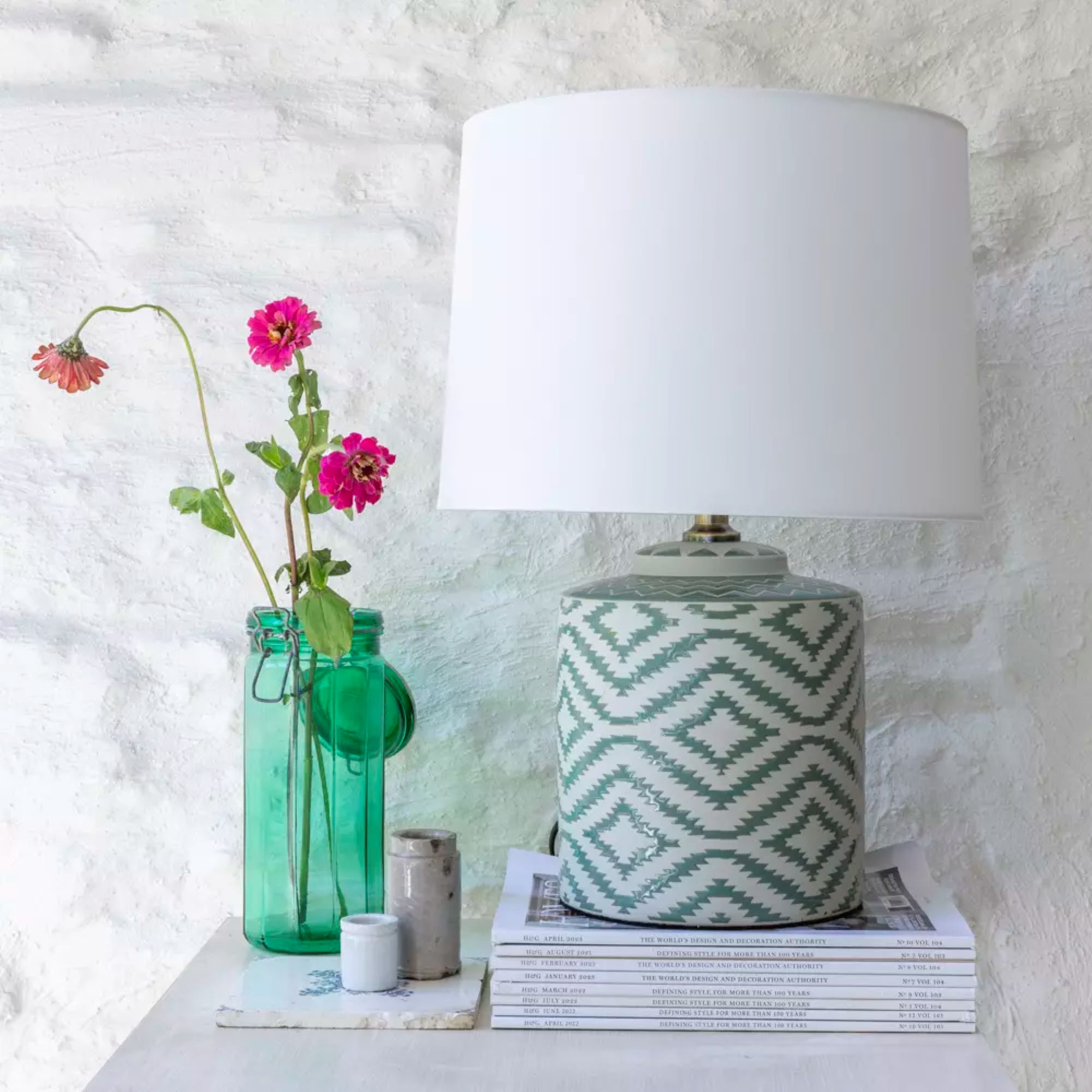 Sage Green Ikat Lamp with White Cotton Shade
