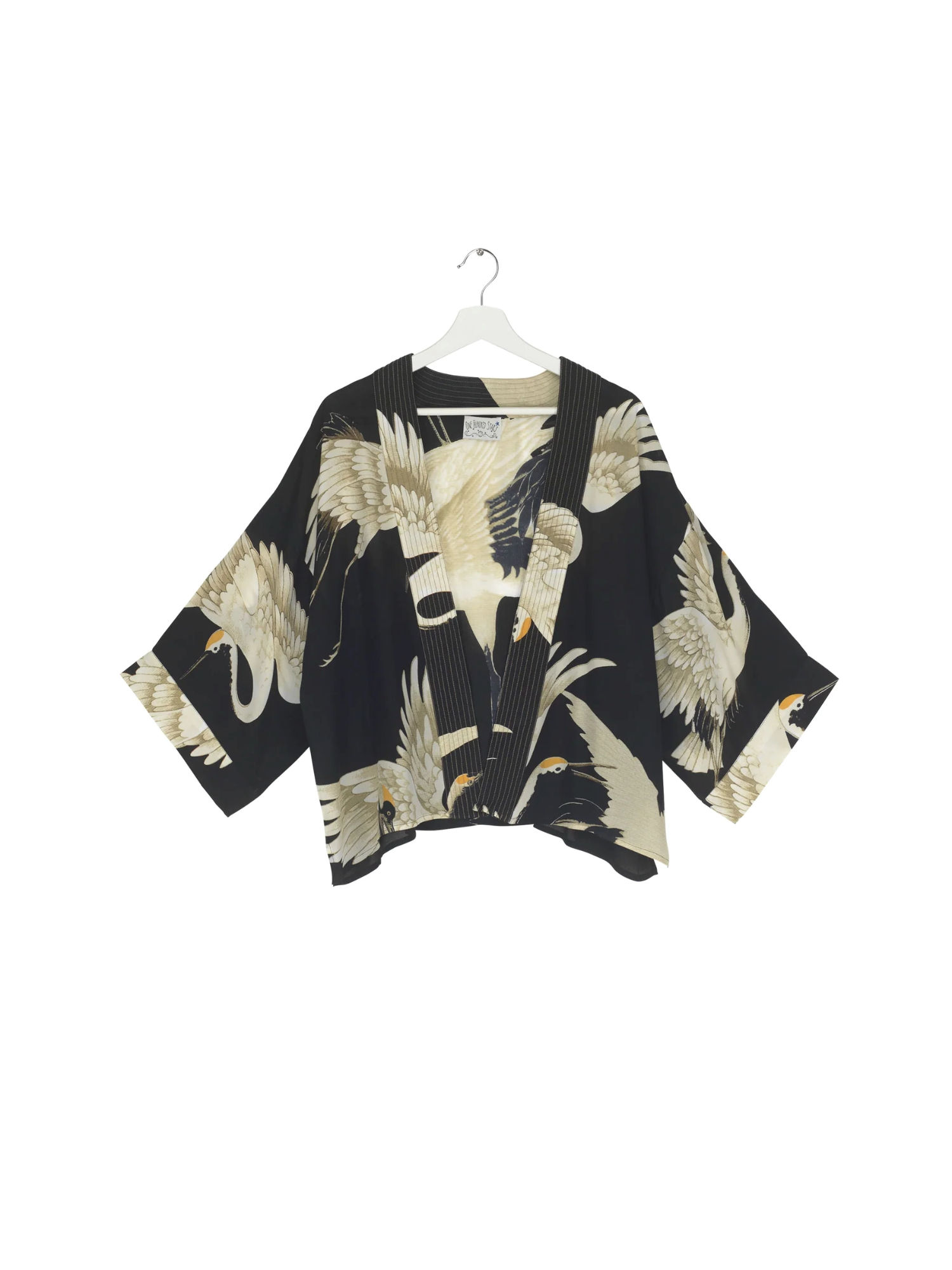 One Hundred Stars Black Stork Print Crepe Kimono
