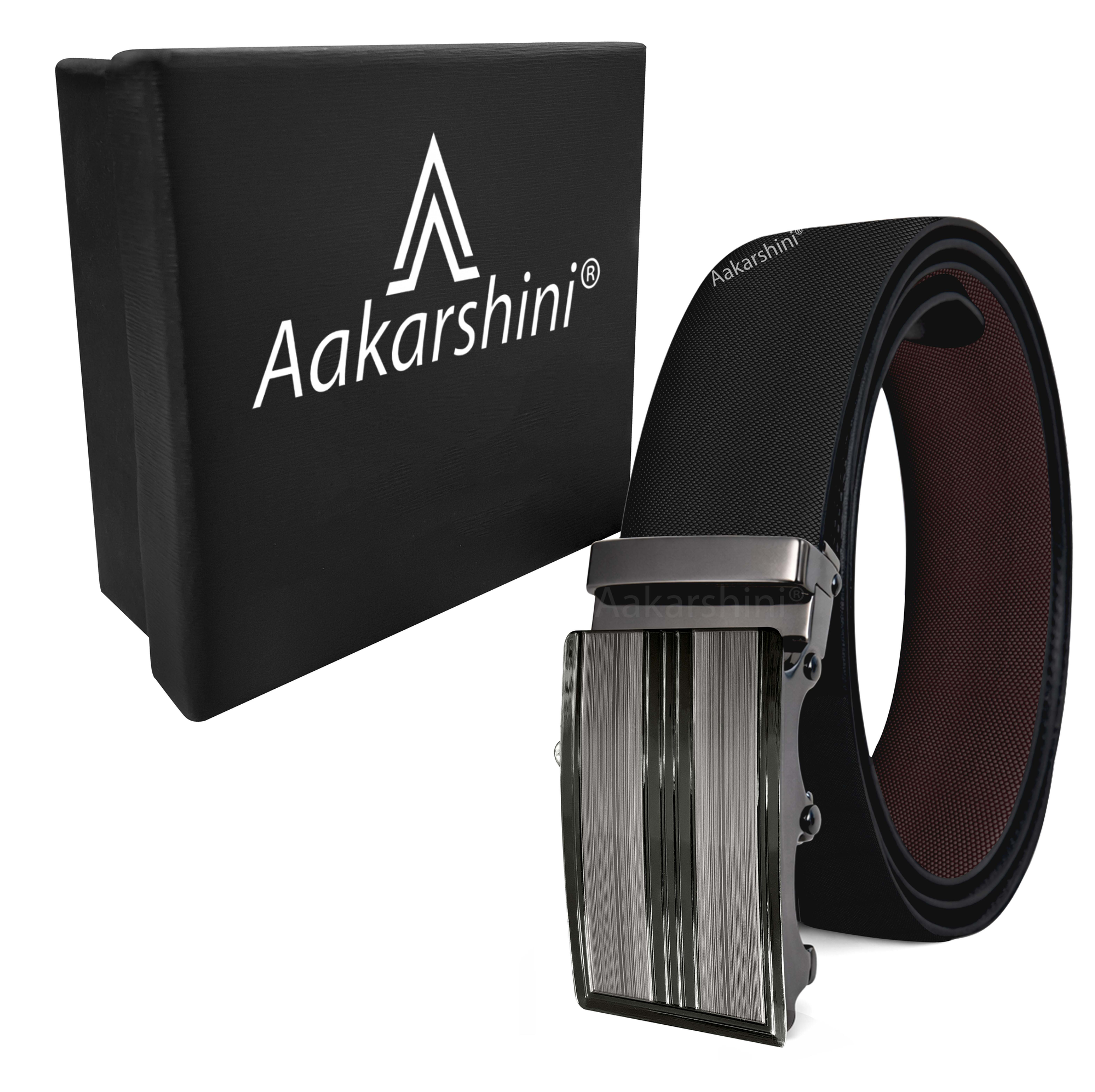 Aakarshini Reversible Auto Lock Belt for Men Black Brown Vegan PU Leather with Dual Buckle Compatibility and 4 Precision Hole