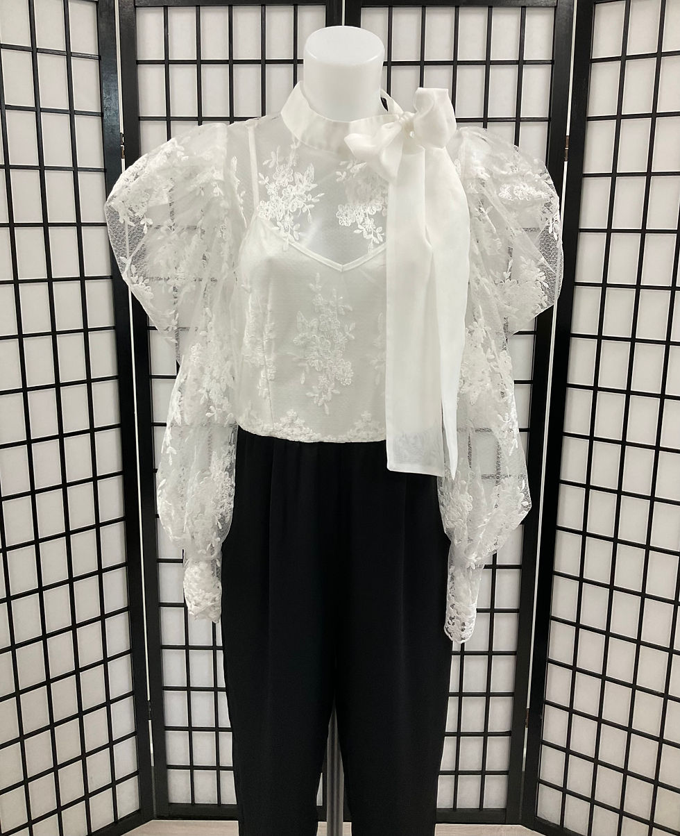 Thumbnail: Lace Tie Bow Puff Sleeve Jumpsuit