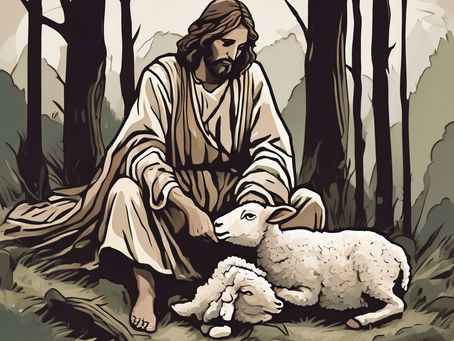 Jesus the shepherd, taking care of a lamb