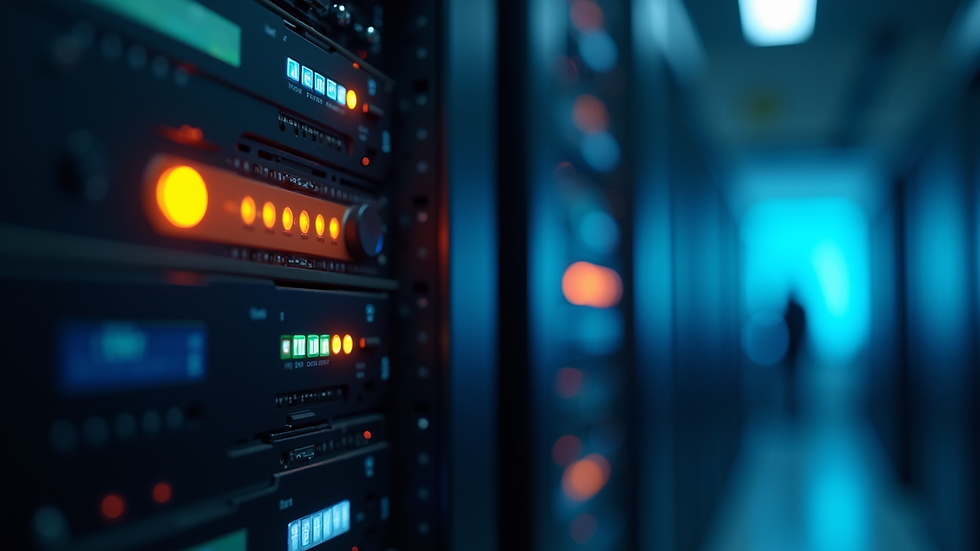 Close-up view of a server rack with blinking lights in a data center