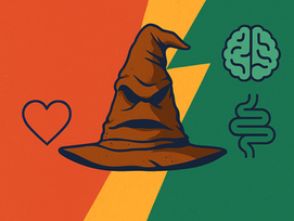 Abstract digital illustration showing a glowing Sorting Hat dividing the scene into Gryffindor orange and Slytherin green halves. Symbols of a heart, brain, and spiral surround it, representing the Head, Heart, and Gut brains from the 3 Brains Intelligence model. The image evokes themes of loyalty, courage, and integrity inspired by the Harry Potter universe.
