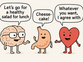 A cartoon illustration of the three internal brains making a lunch decision. The Head Brain, shaped like a human brain, says ‘Let’s go for a healthy salad for lunch.’ The Heart Brain smiles and says ‘Whatever you choose, I’m with you.’ The Gut Brain, drawn as a stomach or intestine, excitedly shouts ‘Cheesecake!’ The image represents how each internal brain has a different priority and creates internal conflict