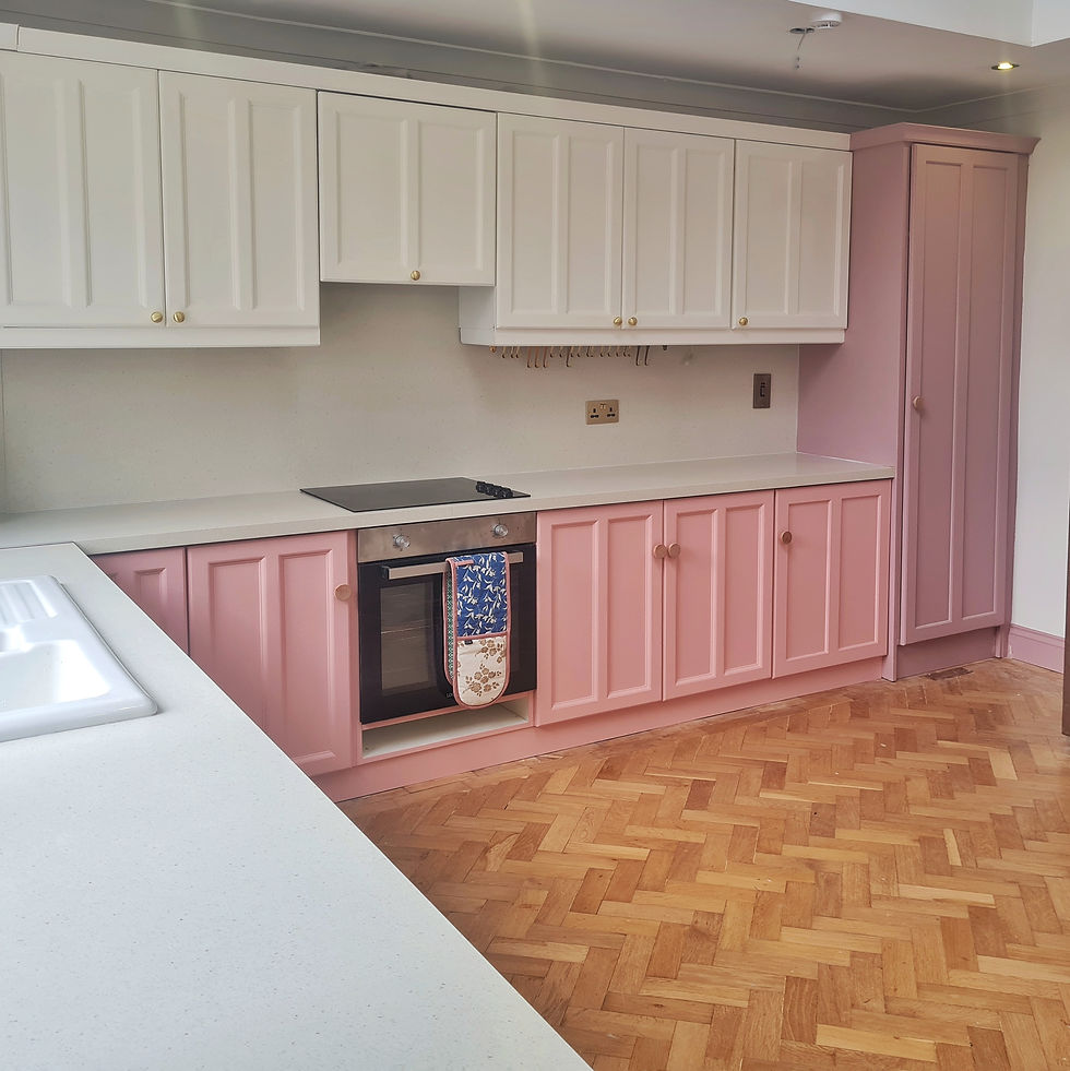 My kitchen is my favourite room. The soft pink and white cabinets feel very modern. The reclaimed parquet flooring gives it a warm and inviting vibe, mixing contemporary flair with that cozy feel.