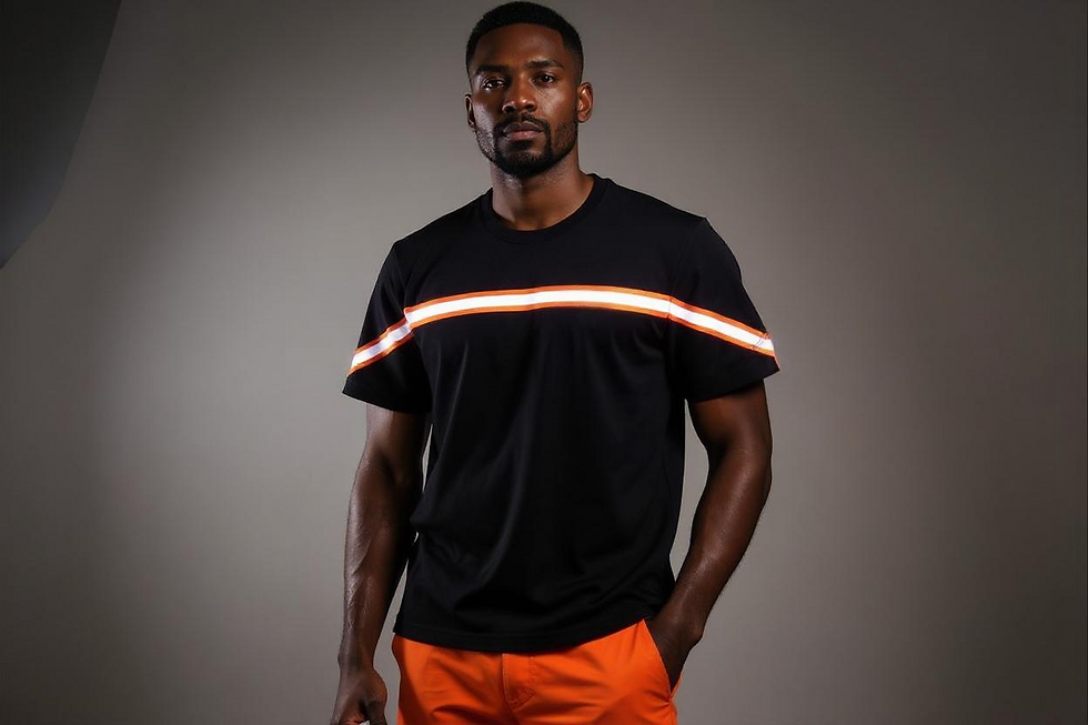 Black multi functional reflective t-shirt featuring tape across chest and arms