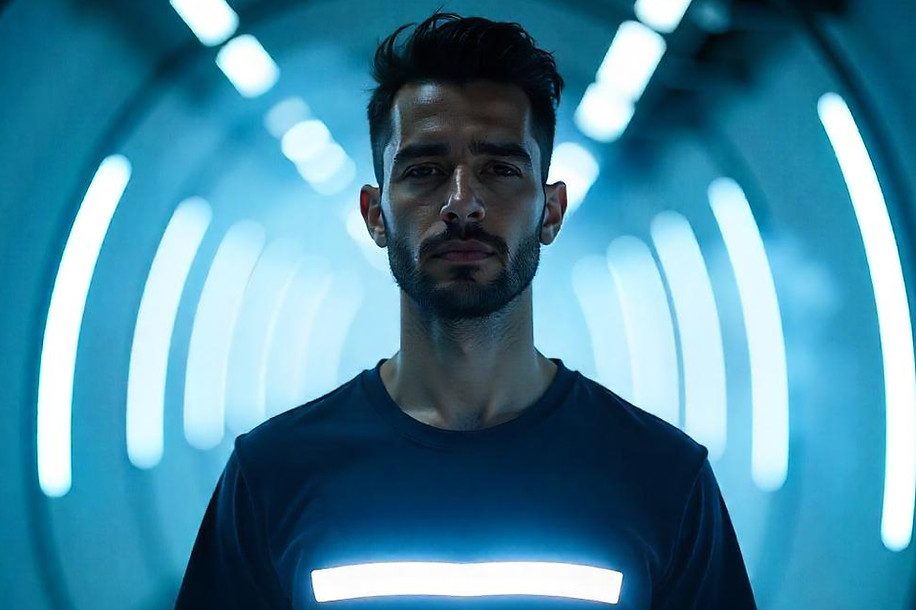 Model wearing black t-shirt with a reflective strip across the chest