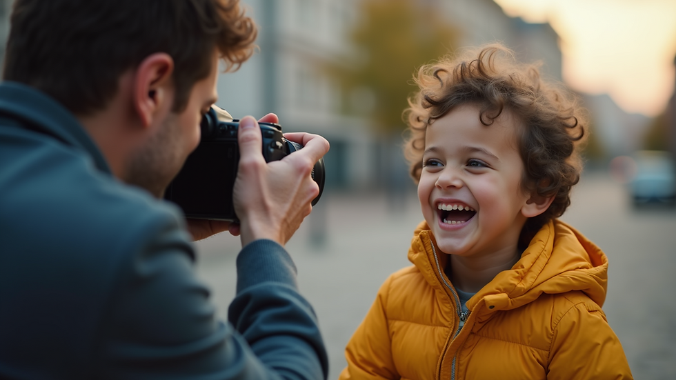 Close-up view of a photographer capturing a candid moment of a child laughing