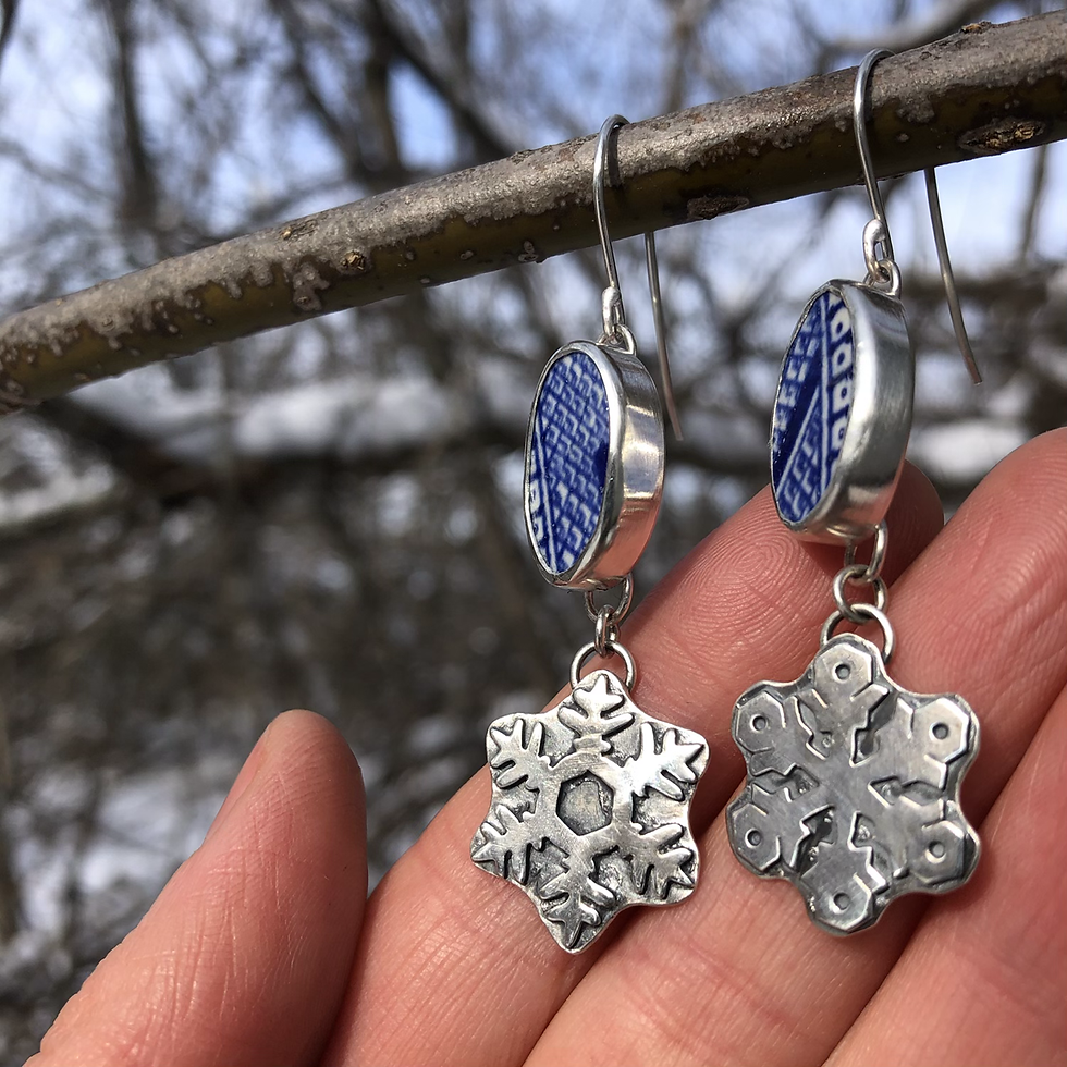 Thumbnail: Snowflakes and Sea Pottery Earrings 