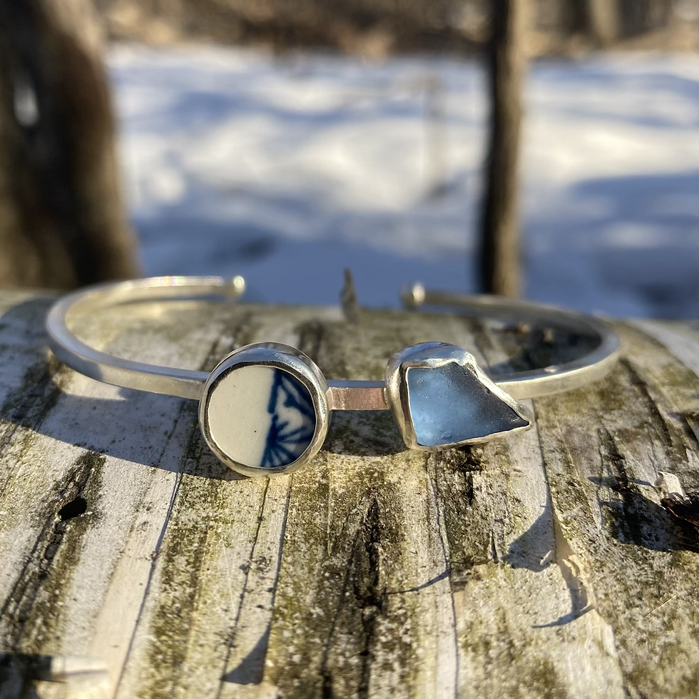 Thumbnail: Sea Pottery and Sea Glass Cuff Bracelet, Size M/L