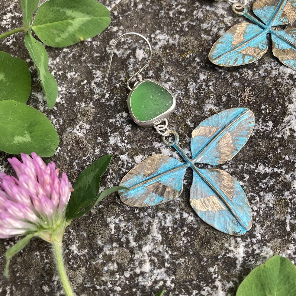 Thumbnail: Red Clover Leaf with Green Sea Glass Earrings