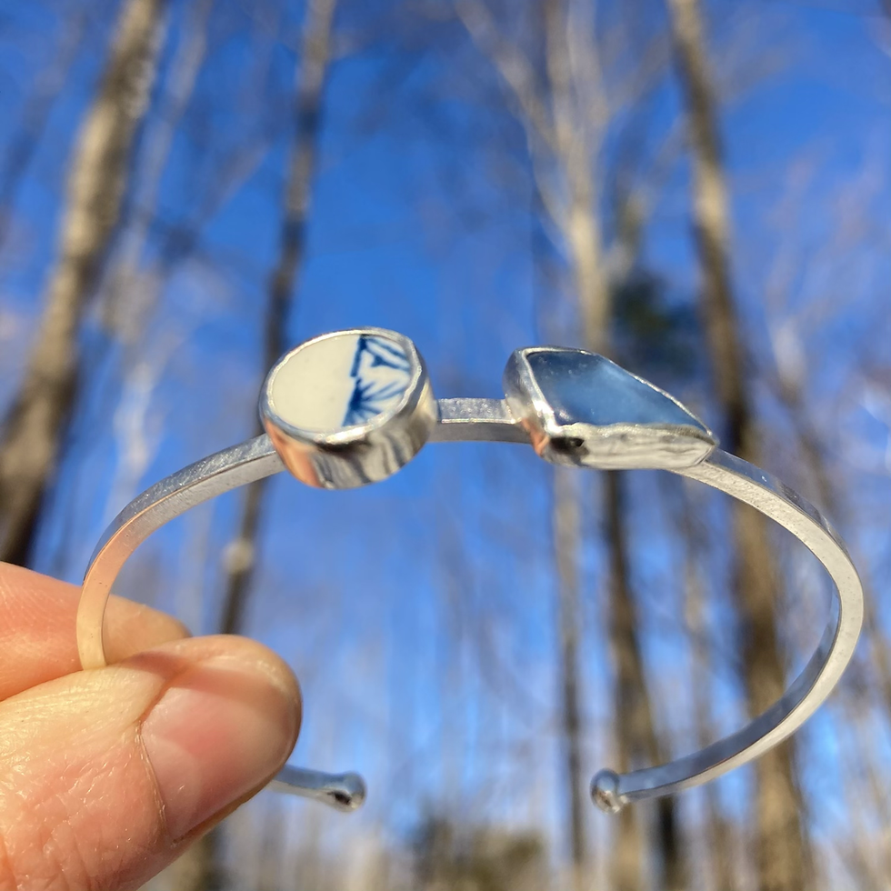 Thumbnail: Sea Pottery and Sea Glass Cuff Bracelet, Size M/L
