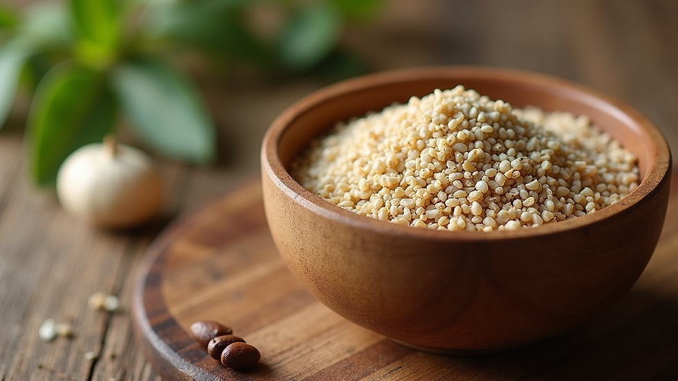 Close-up view of natural botanical ingredients in a wooden bowl