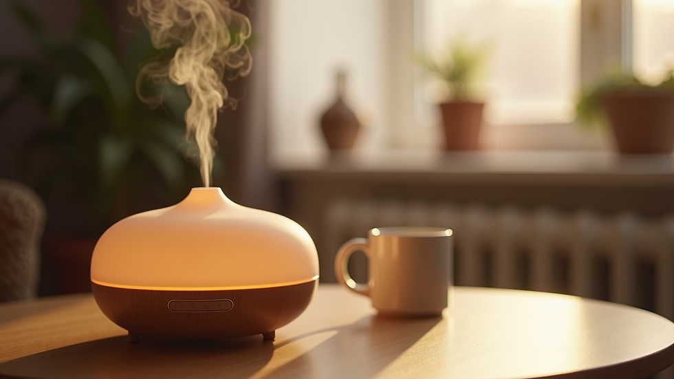 Close-up view of essential oil diffuser emitting mist in a cozy room