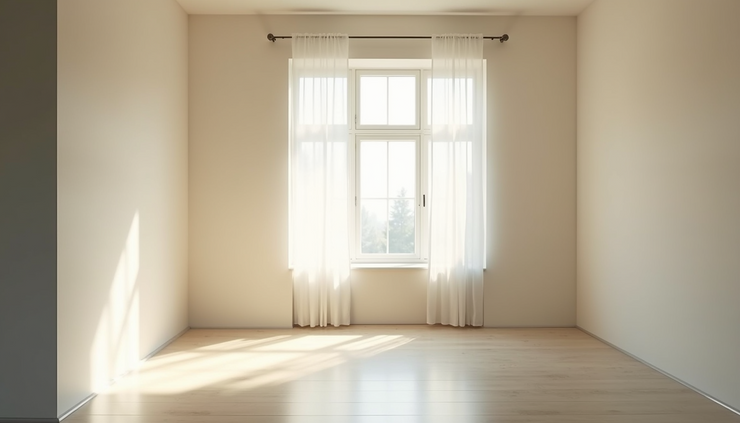 Eye-level view of a quiet, empty room with soft natural light filtering through a window