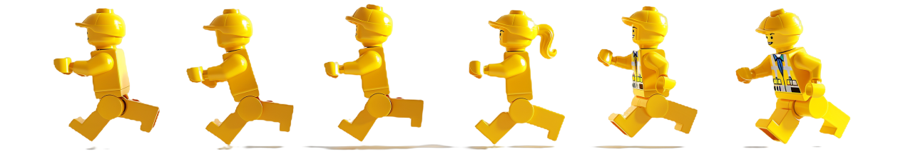 Whathetech & HOWS Sequence of five images showing the evolution of a character from an abstract lego figure to a detailed lego construction worker with a yellow hard hat and blue overalls.