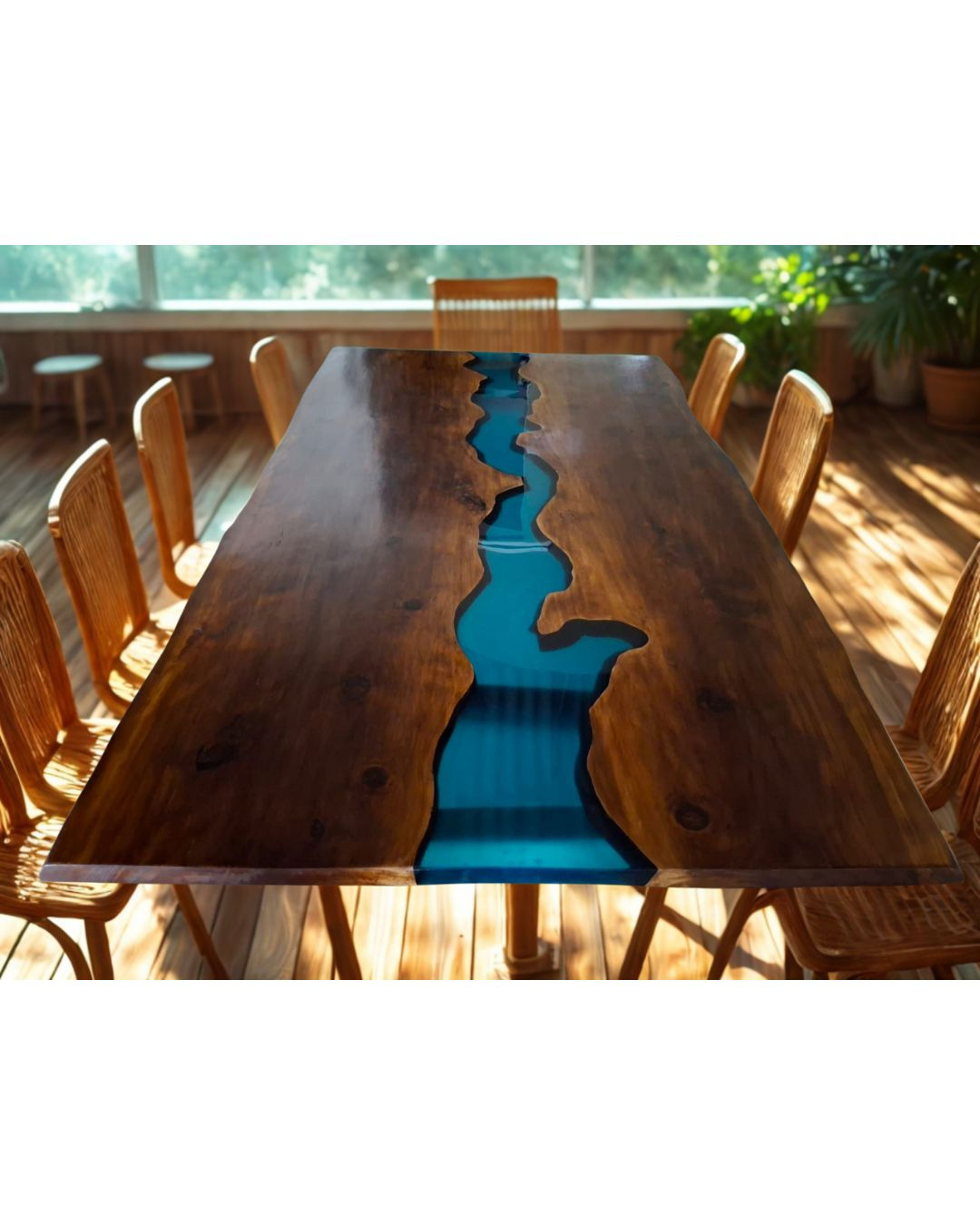 mesa de madeira escura e rio de resina azul no meio, cadeiras ao redor, ambiente claro.