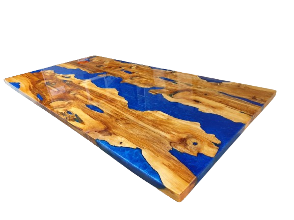 Miniatura: tampo de mesa de madeira rustica e resina epoxi azul no meio e detalhes, acabamento brilho.
