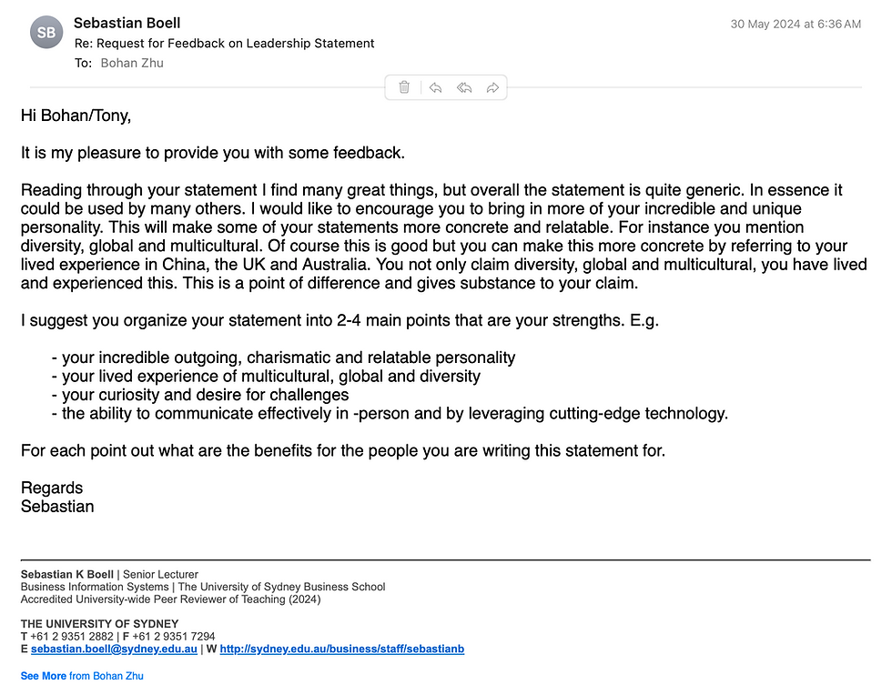 Feedback and Reviews of my leadership statement and teamwork