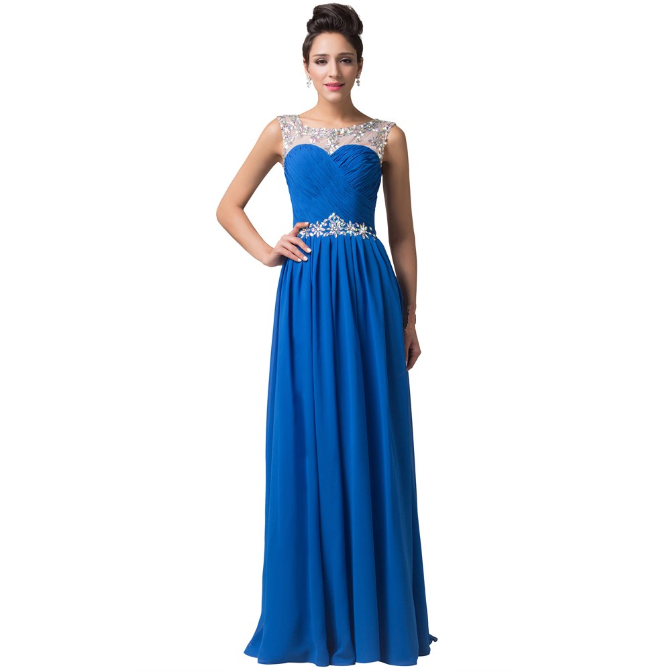 Long Blue Evening Dresses Party Dress 2016 Beaded Crystal Evening Gown