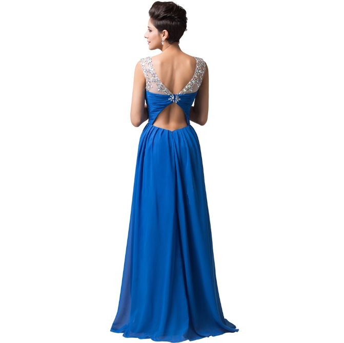 Long Blue Evening Dresses Party Dress 2016 Beaded Crystal Evening Gown back