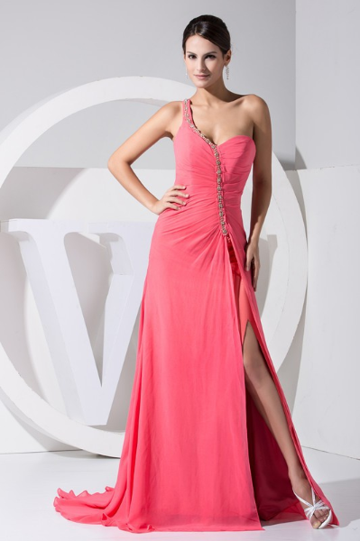 2016 One-shoulder Open Leg Pink Chiffon Long Evening Dress