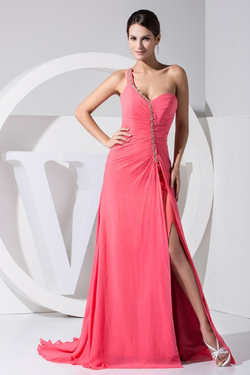 One-shoulder Open Leg Pink Chiffon Long Evening Dress