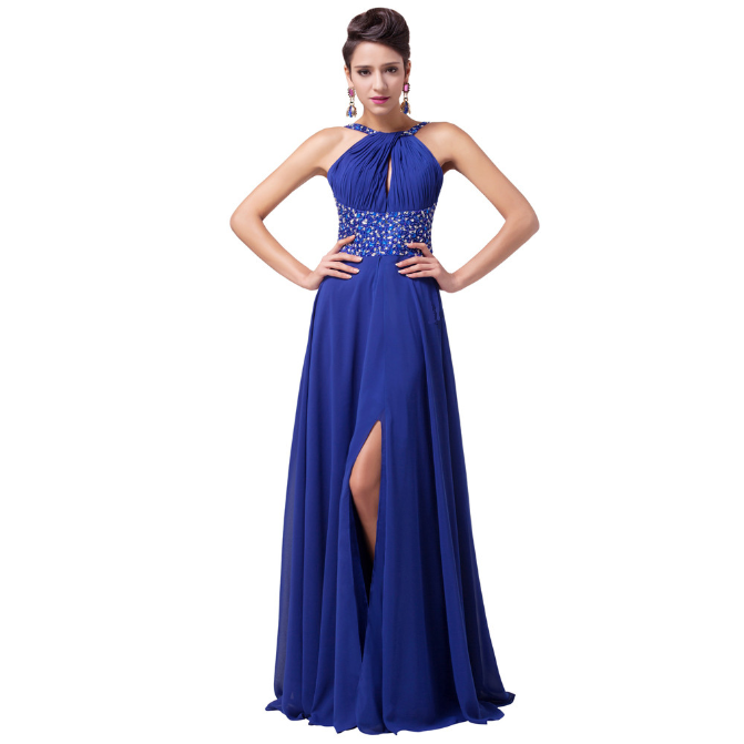 Long Royal Blue Long Evening Dress 2016 Floor Length Slit Chiffon Beaded Evening Party Gown