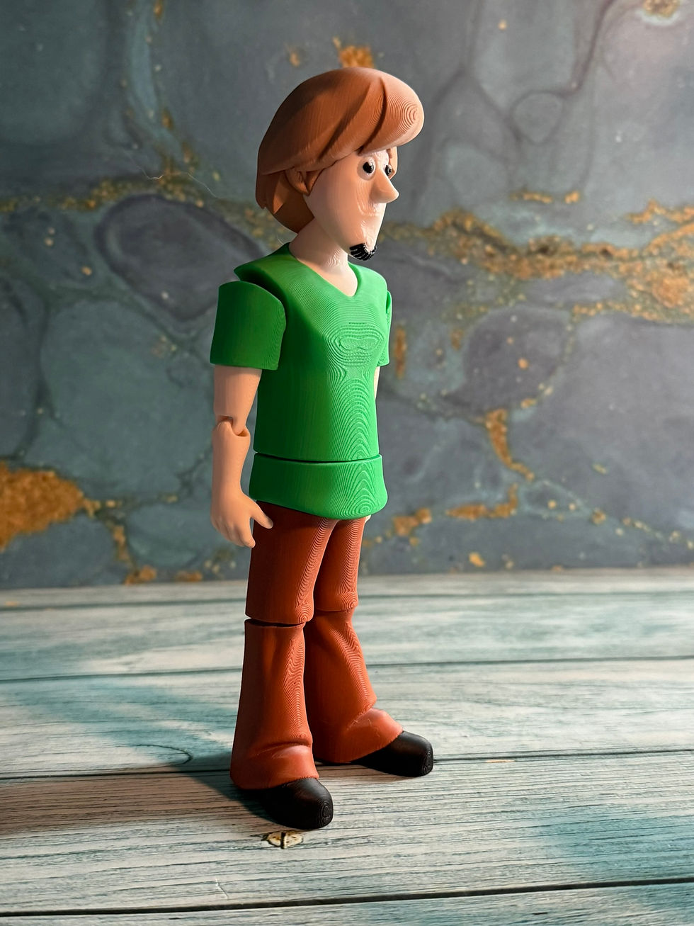 Mystery-Solving Snack Detective figure wearing a green shirt, brown pants, and black shoes, measuring 7 x 2 inches with a fla