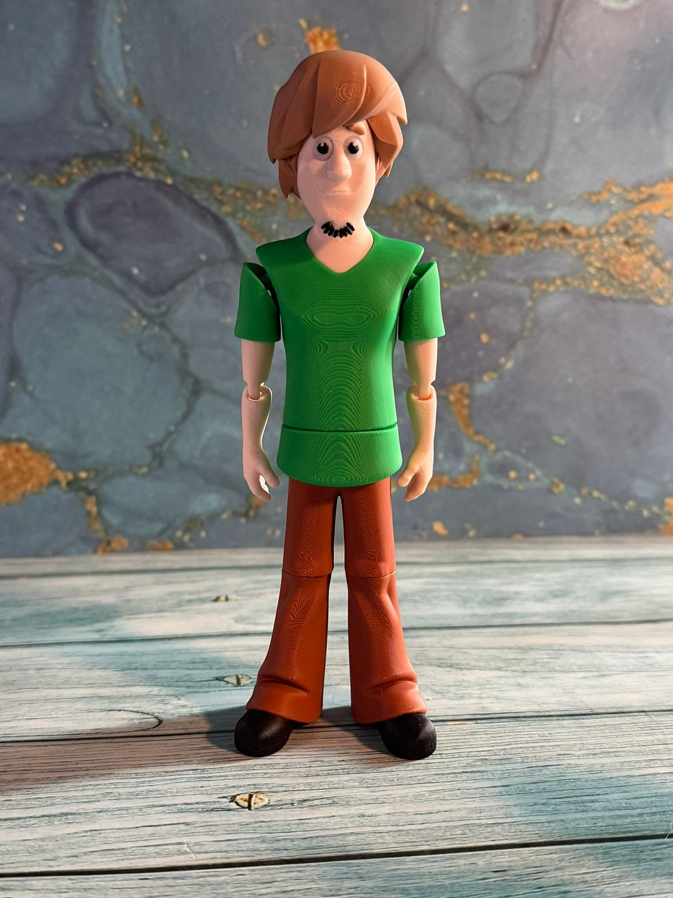 Thumbnail: Mystery-Solving Snack Detective figure wearing a green shirt, brown pants, and black shoes, measuring 7 x 2 inches with a fla