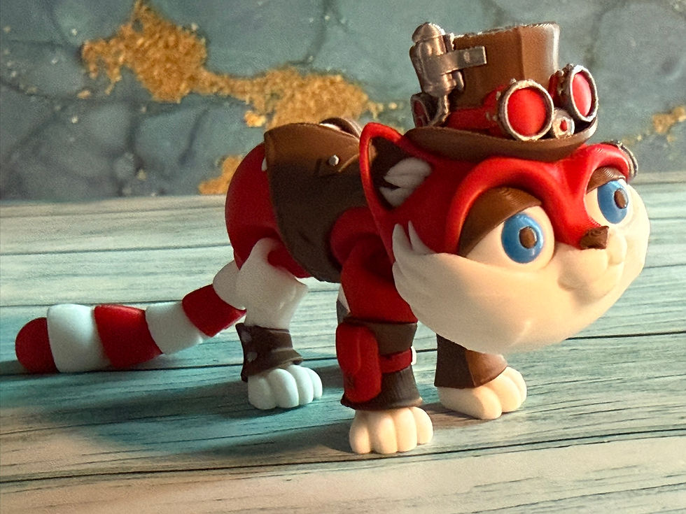 Thumbnail: Cute 3D printed steampunk cat figurine with bright blue eyes, red and white striped tail, brown armor accents, tiny goggles, 