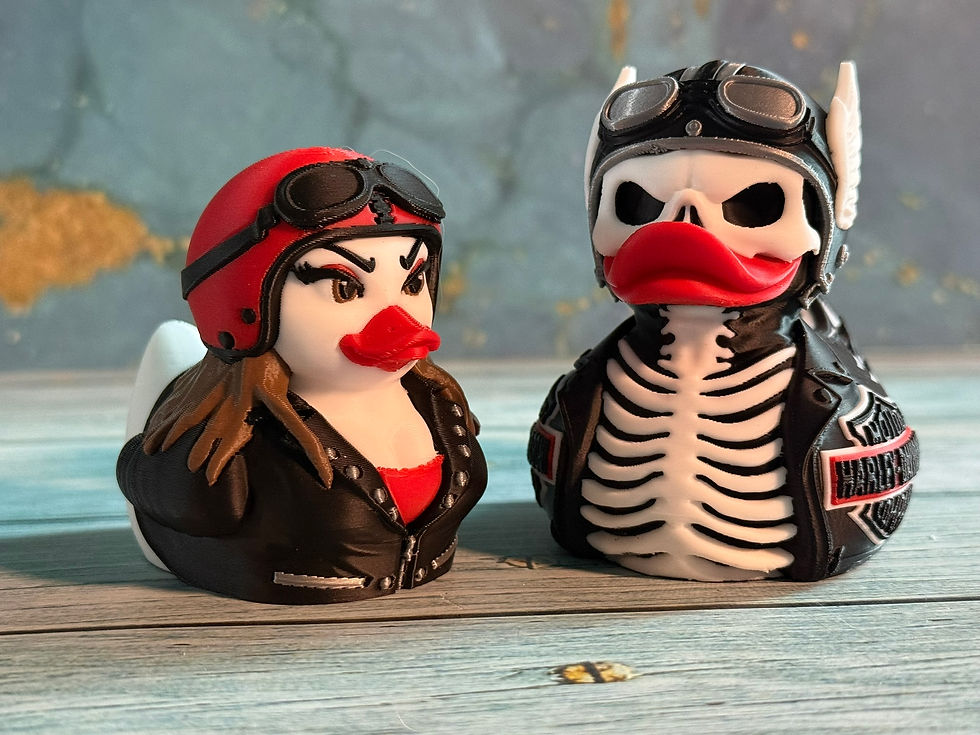 Thumbnail: 3D printed Biker Babe Duck wearing a black leather jacket