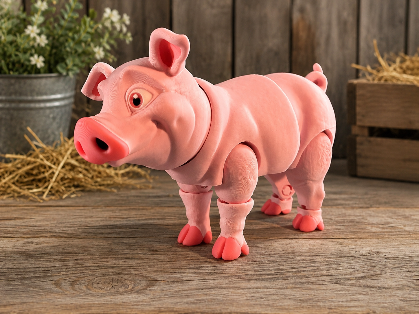 Cute articulated pink 3D printed pig with movable legs and body segments standing on a rustic wood surface with a textured ba