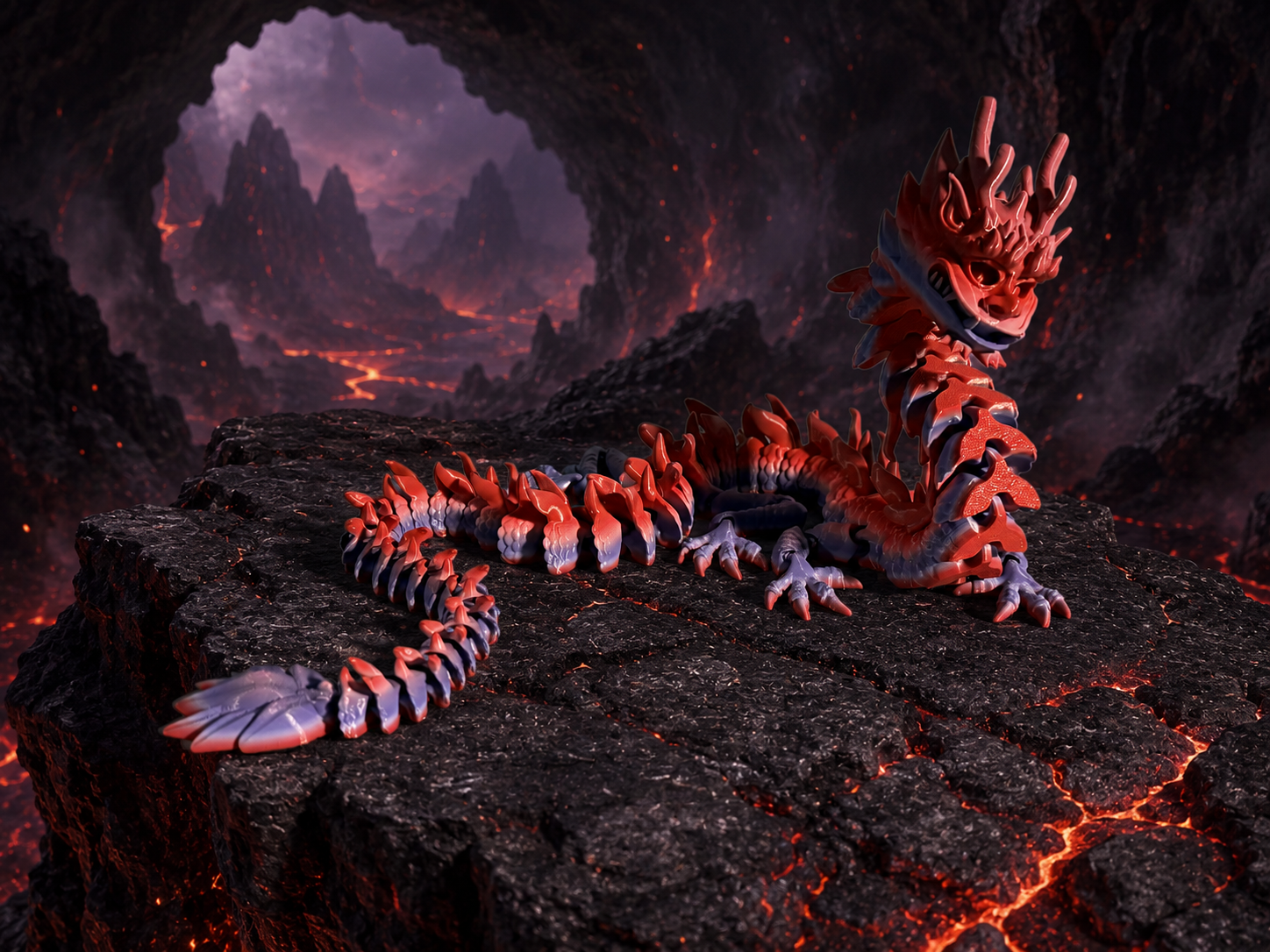 Red and purple articulated Imperial Dragon displayed on a volcanic rock ledge inside a dark fantasy cavern with glowing lava 