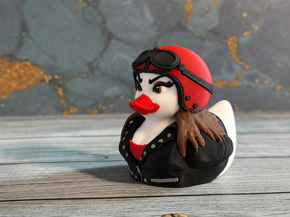 Thumbnail: 3D printed Biker Babe Duck wearing a black leather jacket
