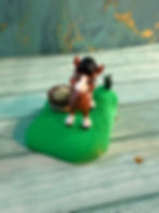 Thumbnail: Cute tiny farm horse figurine on green base with feed bucket, part of a miniature farm collection