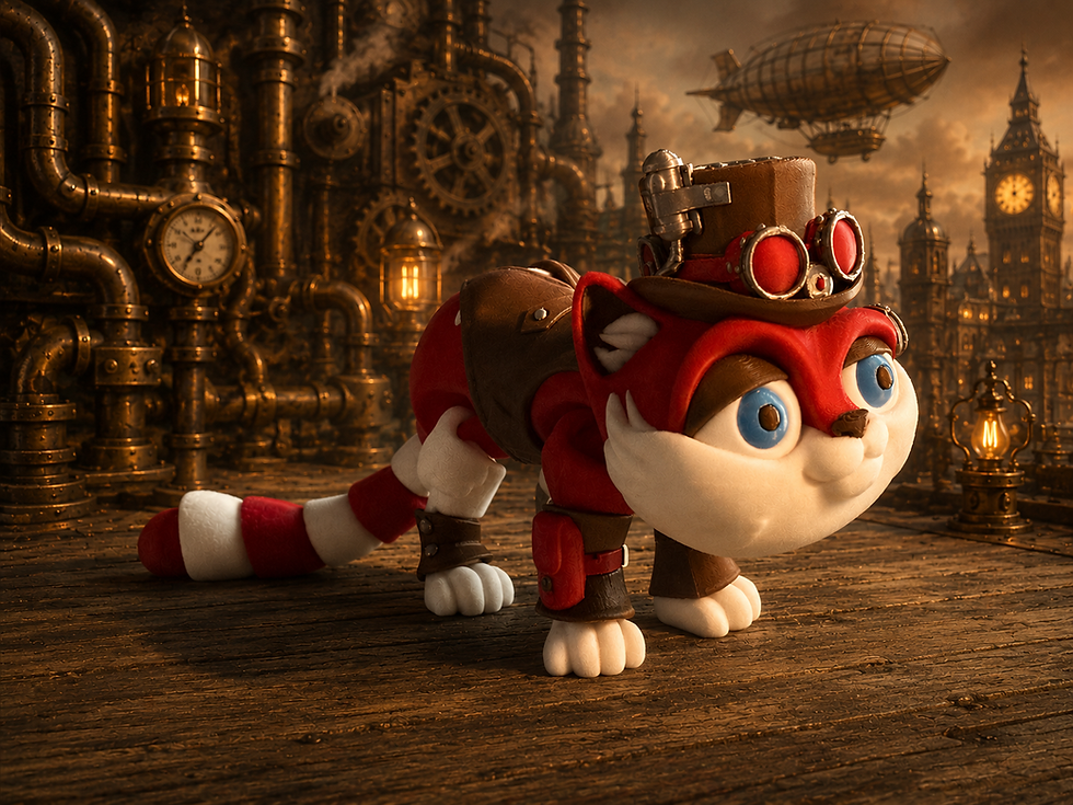 Cute 3D printed steampunk cat figurine with bright blue eyes, red and white striped tail, brown armor accents, tiny goggles, 