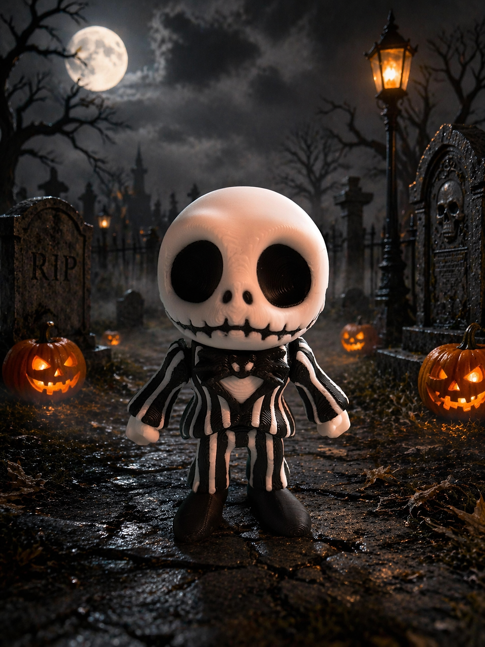 Mini skeleton figurine in striped suit, 3D printed gothic Halloween desk decor