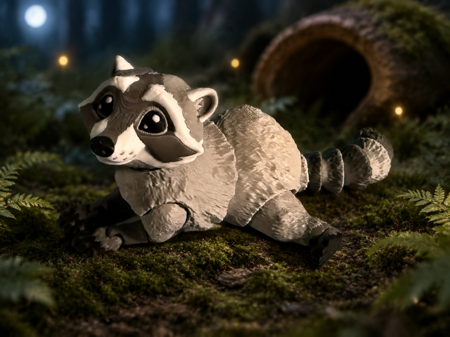 Gray and white articulated 3D-printed raccoon figure with large expressive eyes and a striped tail