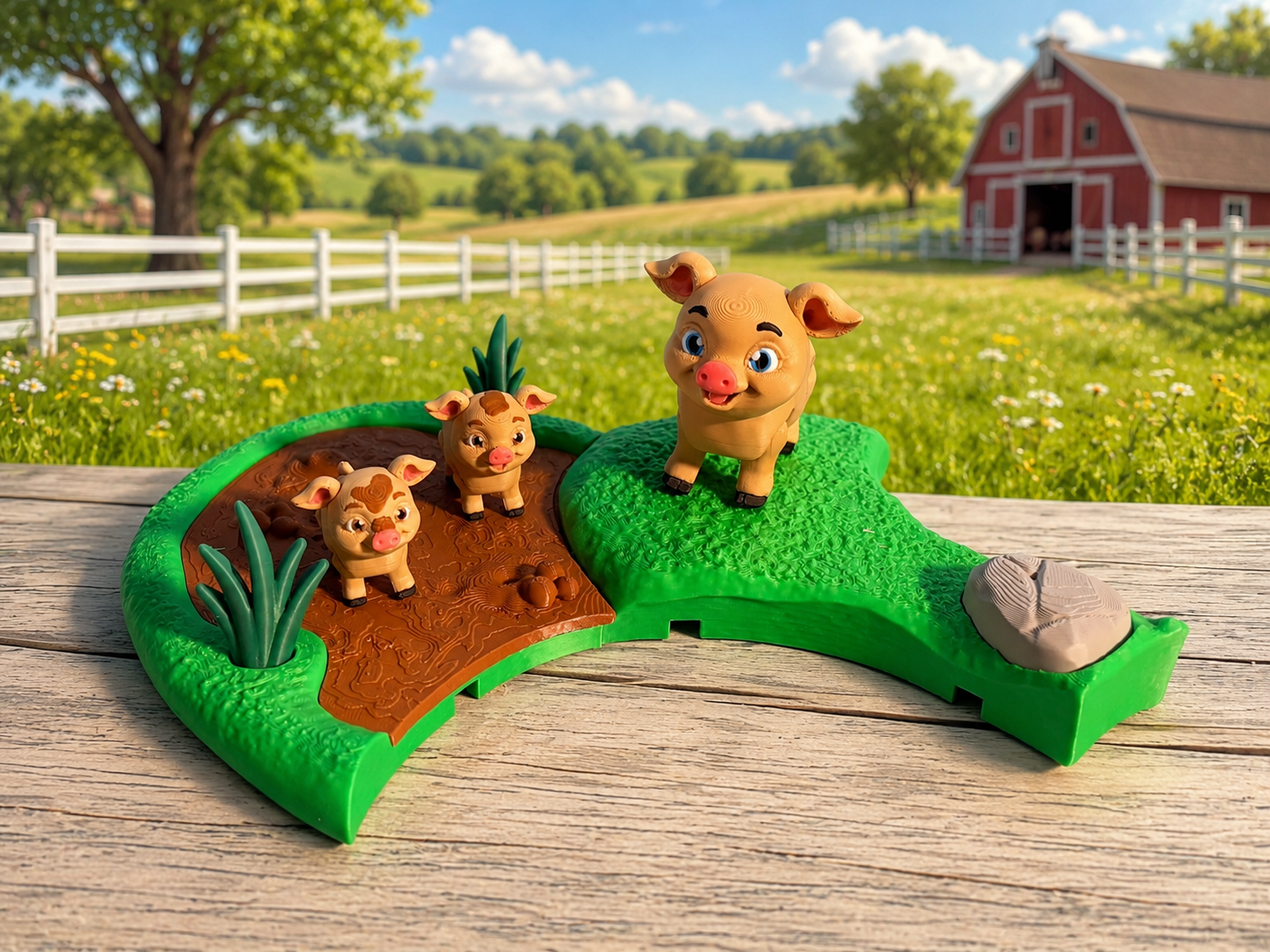3D printed pig tiny farm playset with mama pig and piglets in a grassy pasture farm background