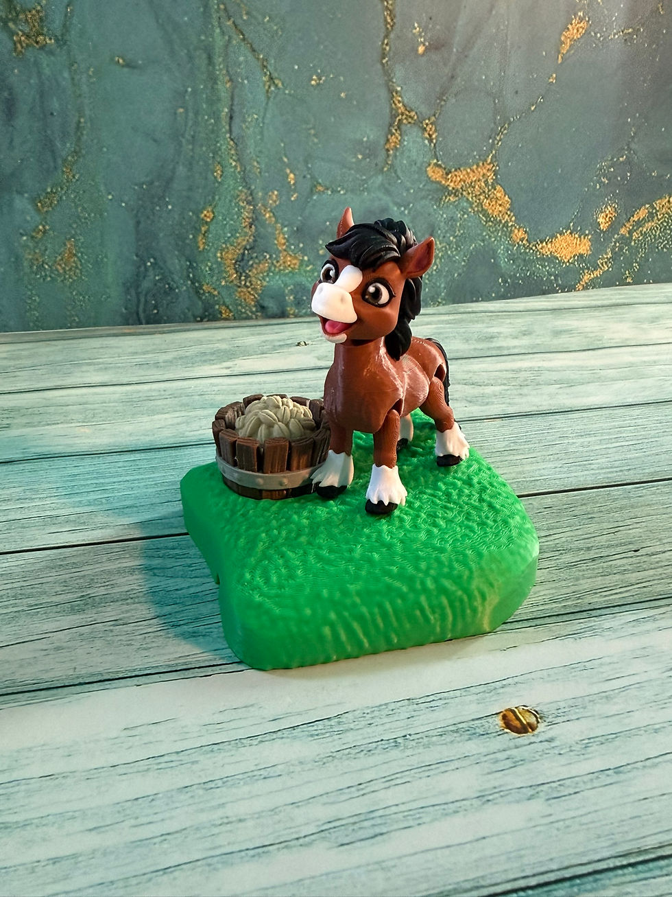 Thumbnail: Cute tiny farm horse figurine on green base with feed bucket, part of a miniature farm collection