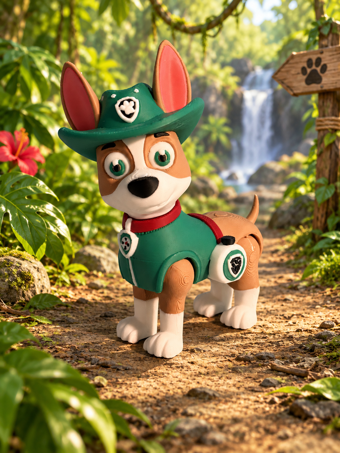 Tan-and-white Jungle Rescue Pup 3D-printed figure wearing a green explorer uniform, wide-brimmed hat, rescue badges, and side