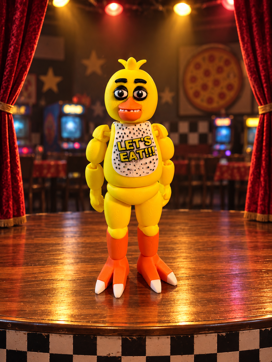 Yellow 3D printed pizzeria bird figure with an orange beak and feet and a “Let’s Eat” bib, standing on a retro stage with red